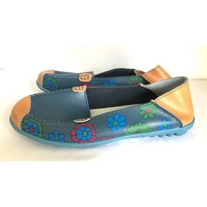 Venus Celia Women's Comfortable Blue Leather Floral Print Flats Size 44 US 11